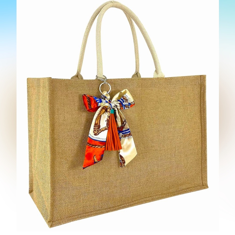 Oversized Woven Tan Tote / Beach Bag with Inspired Scarf Detail